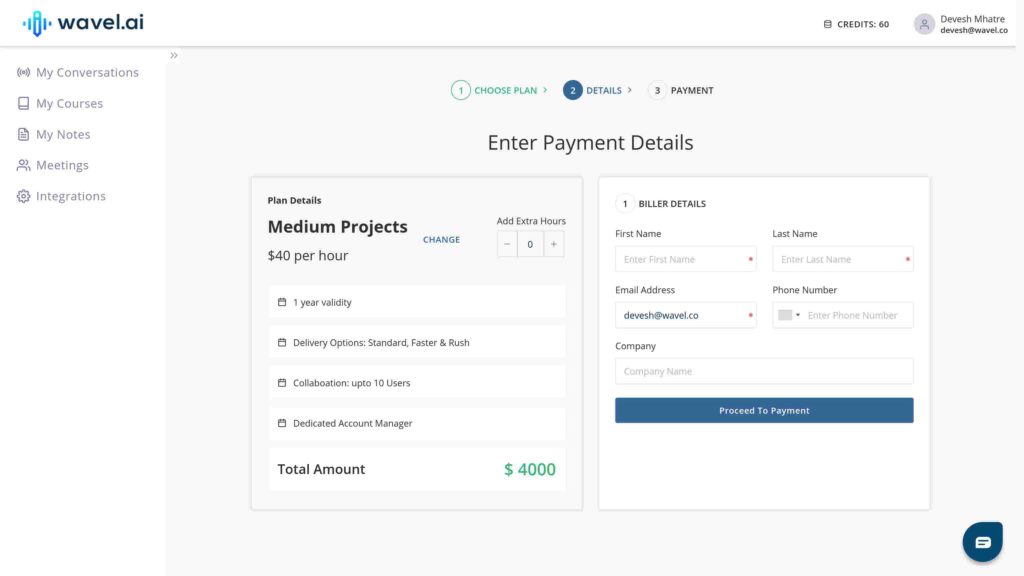 Payment interface in Wavel's new UI