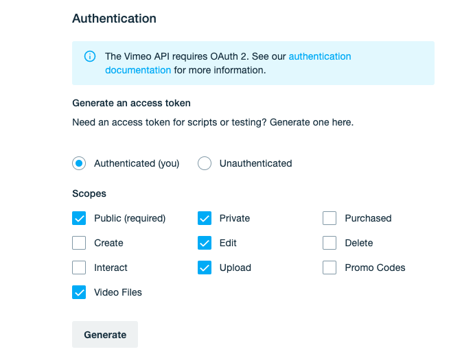 Authentication options for an app in Vimeo