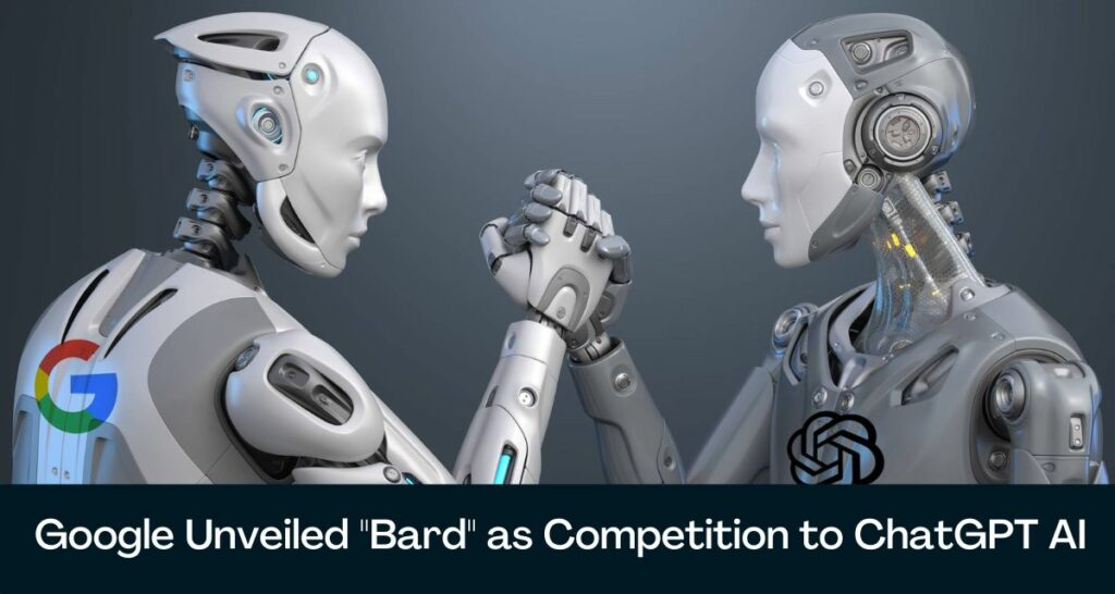 An Friendly Competitions image Bard AI vs ChatGPT shaking hand and introducing the AI Technology 