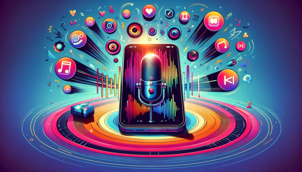An Instagram Reel showing various engaging voice effects to elevate voiceovers, with an array of colorful sound waves and a smartphone displaying a voice editing app