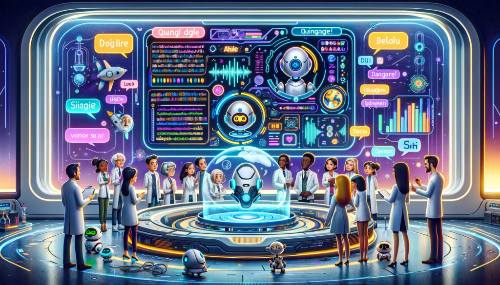 this image representations of a futuristic, cartoon-inspired high-tech laboratory featuring the Quandale Dingle Text To Speech AI 