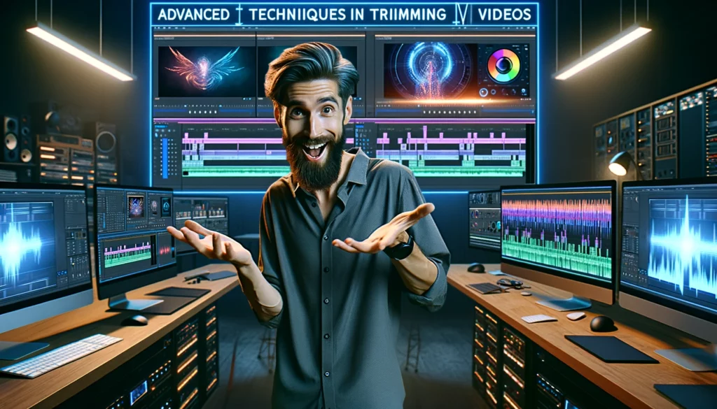 The images have been created to include the text "Advanced Techniques in Trimming Videos," featuring a male video editor with an enthusiastic expression, surrounded by advanced editing tools and monitors displaying sophisticated techniques