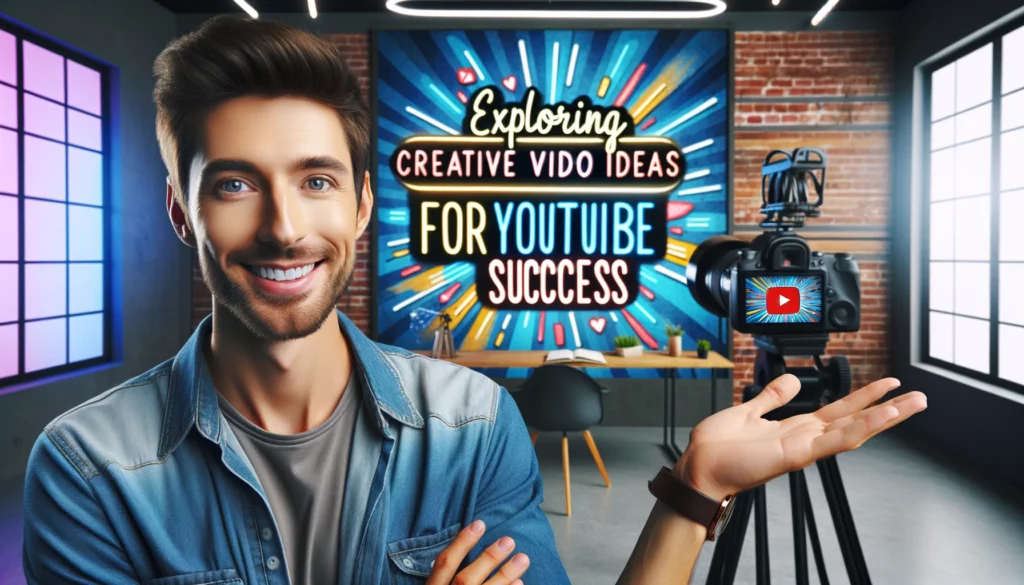 image featuring a content creator with a backdrop that reads 'Exploring Creative Video Ideas for YouTube Success