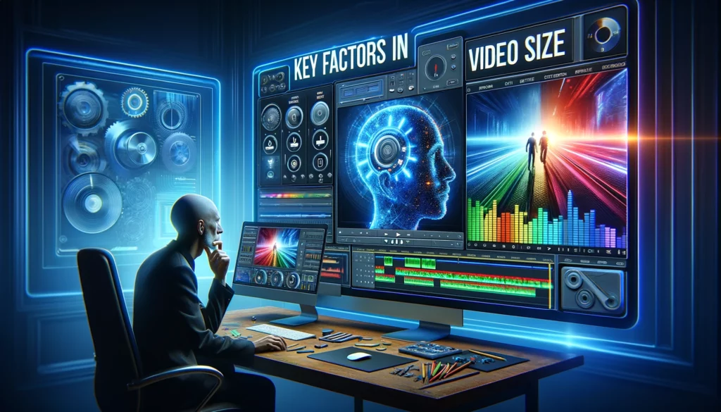 Editor presenting 'Key Factors in Video Size' on a digital display in a modern video editing suite, highlighting educational content through detailed depictions.