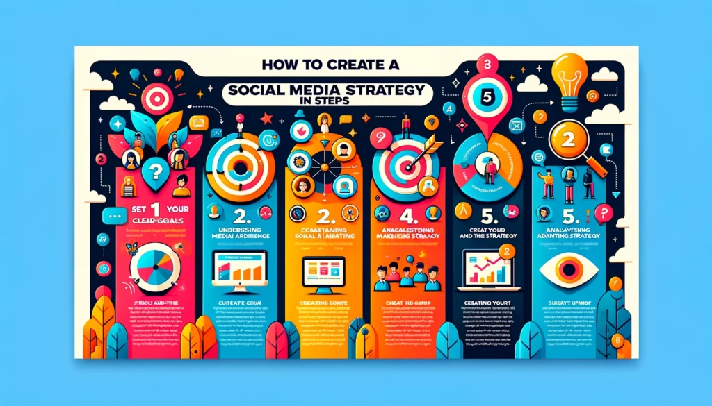image  explaining how to create a social media marketing strategy in five steps. Each step is visually represented to guide you through the process