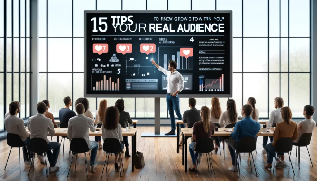 images depicting a social media marketer explaining "15 Tips To Grow Your Real Audience" in a seminar environment.