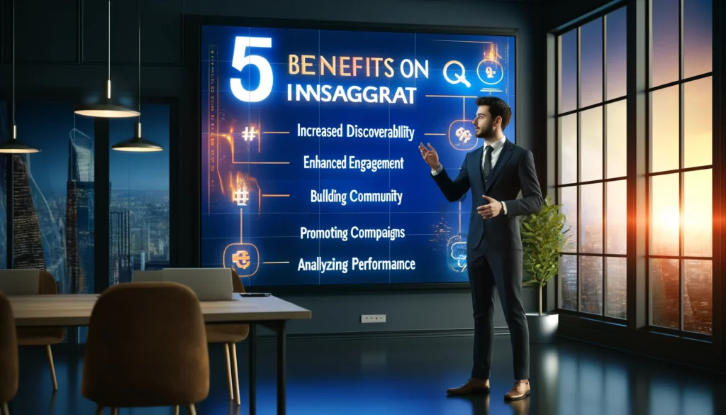 images that feature an Instagram marketer explaining the "5 Benefits of Hashtags on Instagram