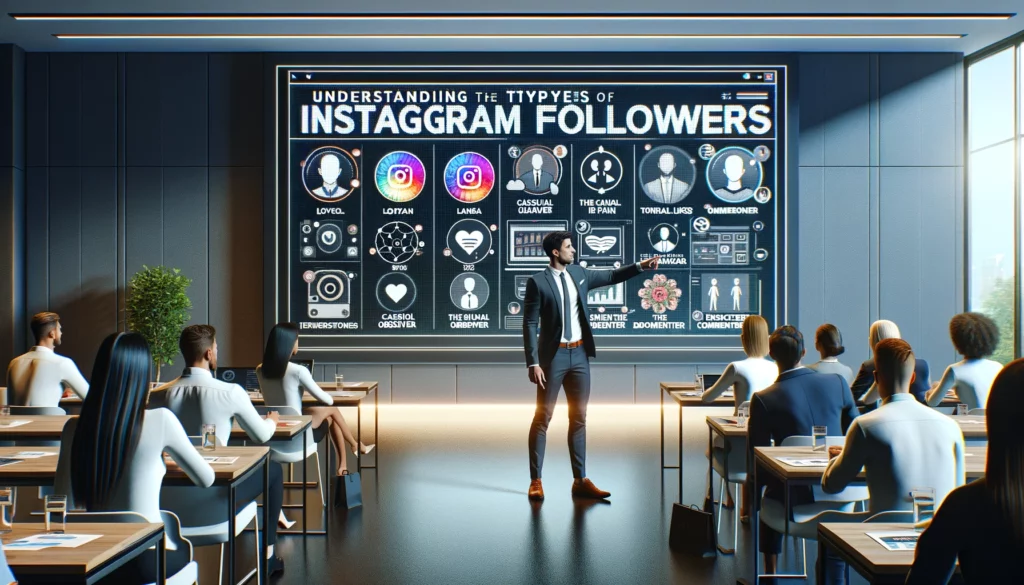image showing A realistic scene in a modern, well-lit conference room where a social media marketer stands confidently in front of a large, digital screen displayining Understanding the Types of Instagram Followers