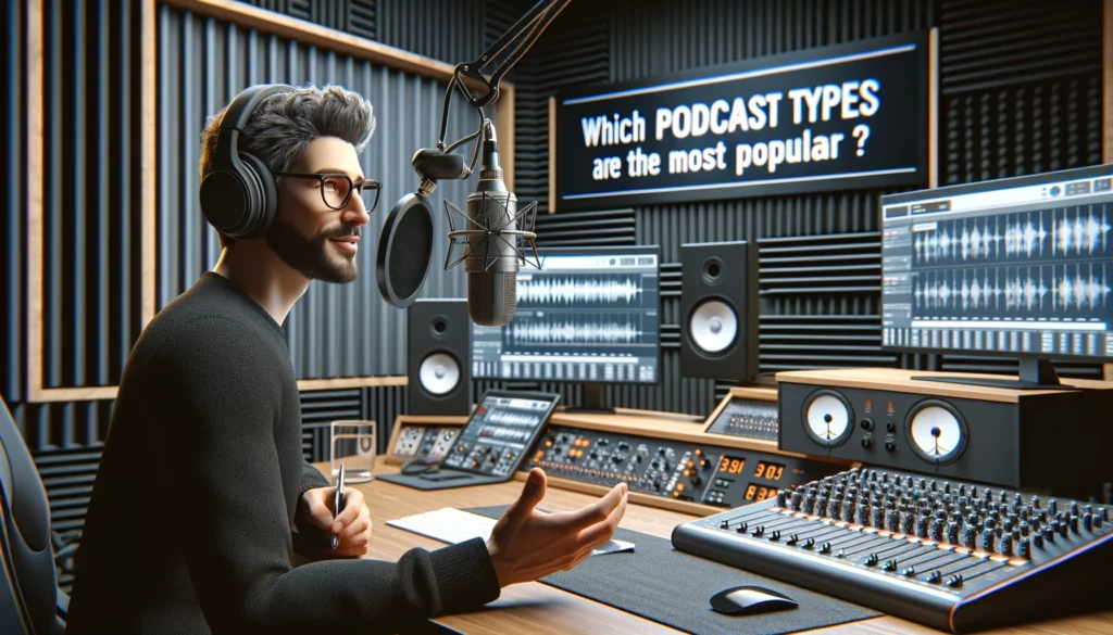  images for your blog, featuring the text "Which Podcast Types are the most popular?" within a realistic podcasting environment