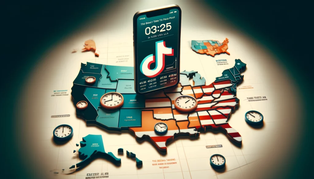 image features a detailed map of the United States with highlighted regions and overlay clocks, indicating the optimal times to post on TikTok across different time zones.
