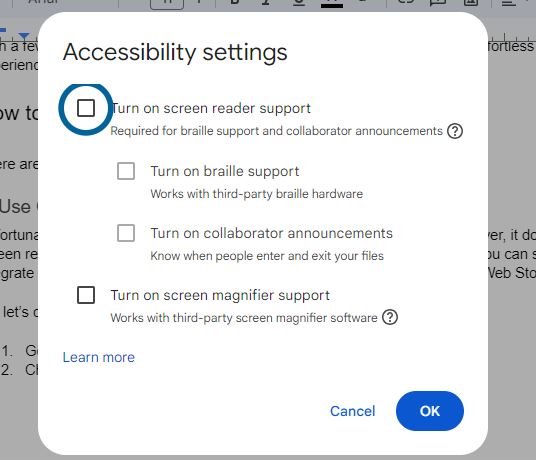 Turn on screen reader support in Google Docs