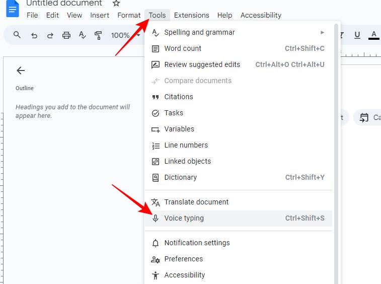 voice typing option in Google Docs web version