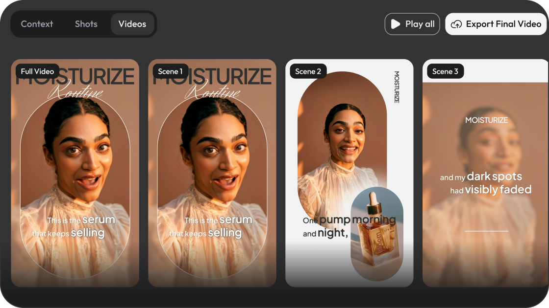 Videos tab showing the full video and individual scene cards with Play all and Export Final Video actions