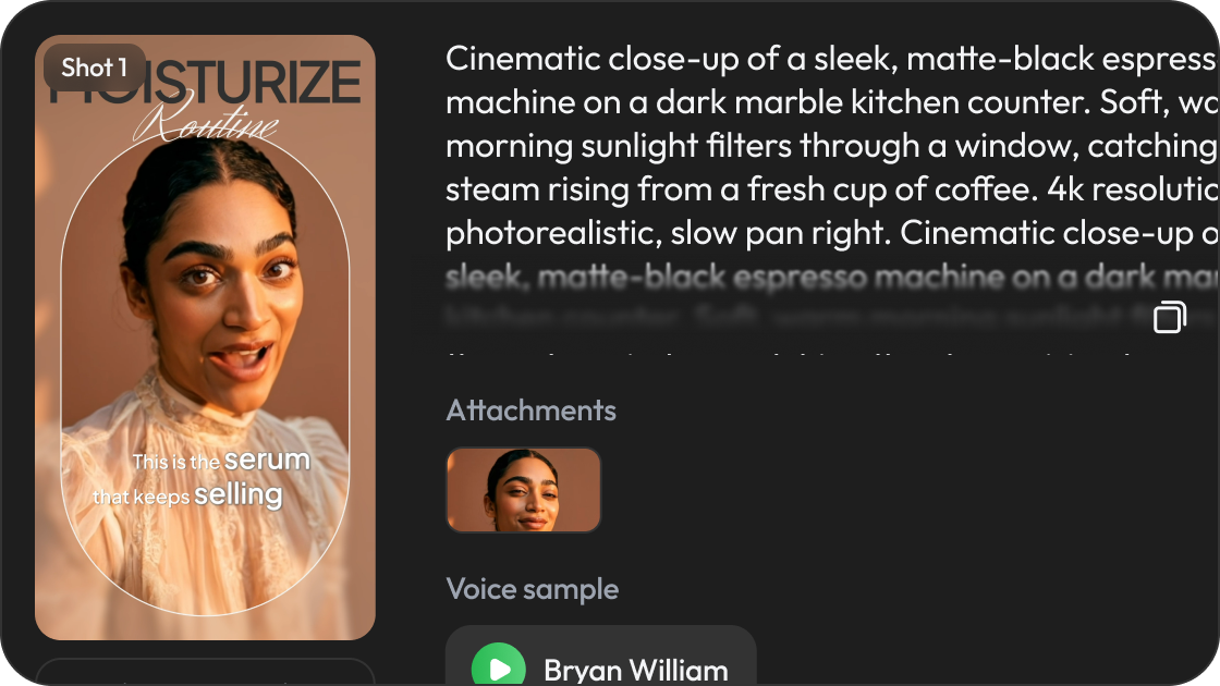 Editing a scene prompt with attached reference image and voice sample before rendering