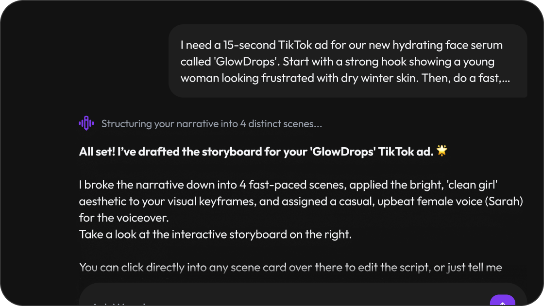 Chat prompt asking Wavel AI to storyboard a TikTok ad, with the AI confirming the draft