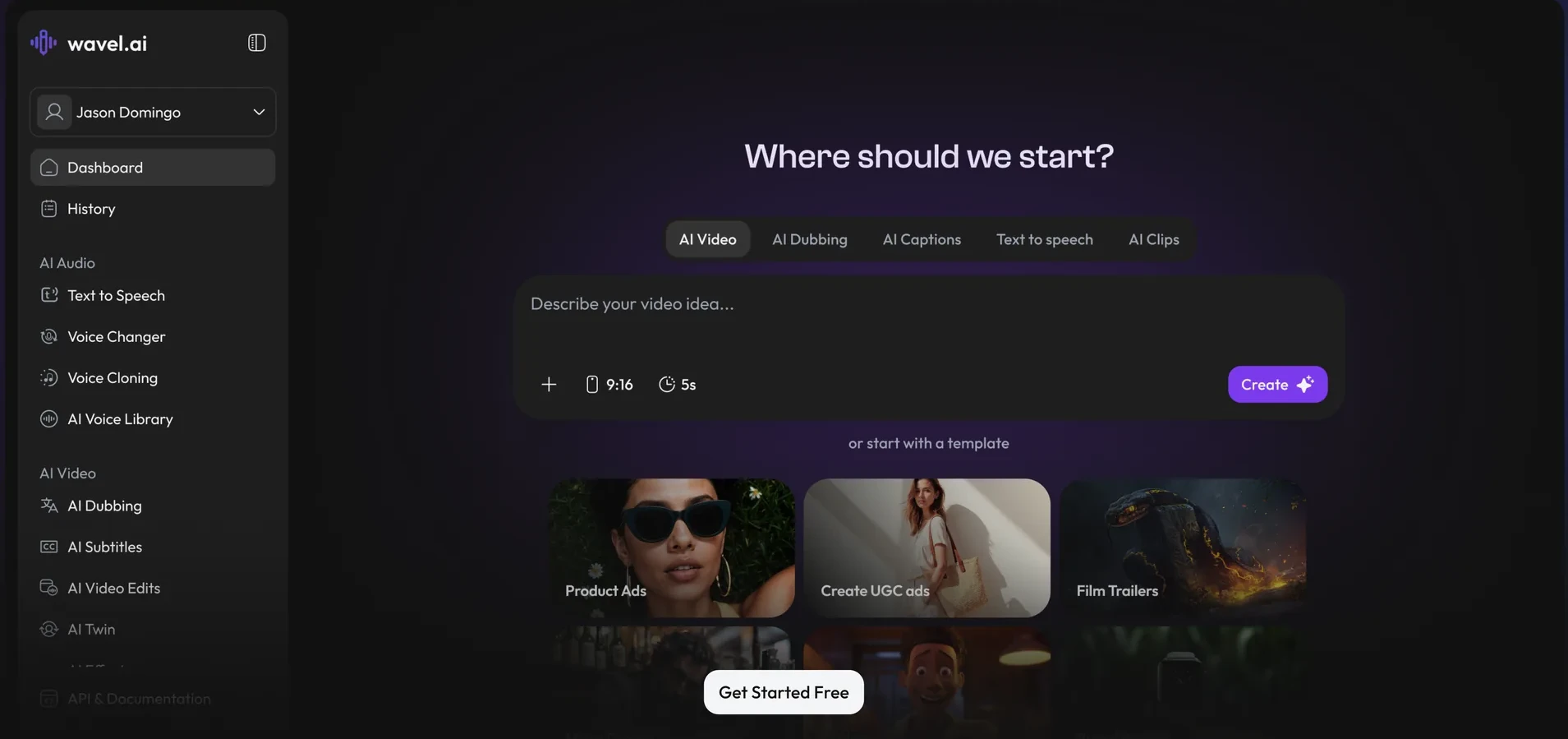 Wavel AI dashboard: choose AI Video, AI Dubbing, AI Captions, Text to Speech or AI Clips and start from a template