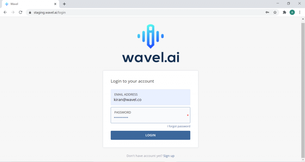 Wavel's login page with placeholder details in the input fields