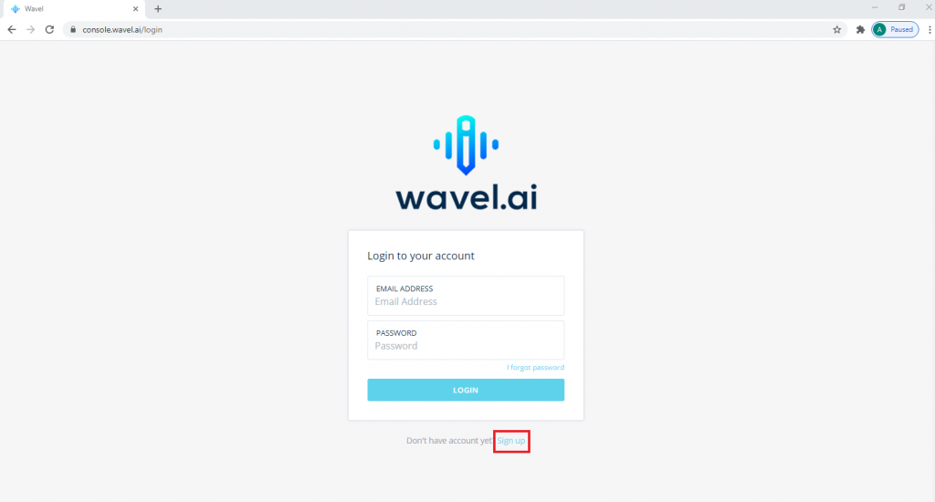 Wavel's login page with a red outline arouind the Sign up link