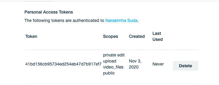 Personal Access Tokens page in Vimeo