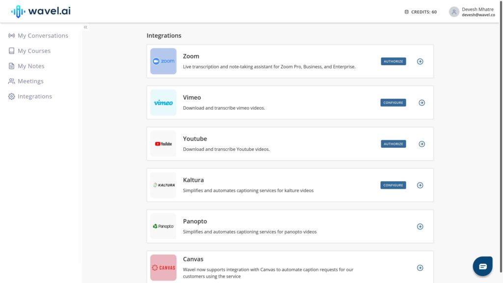 Wavel integrations page