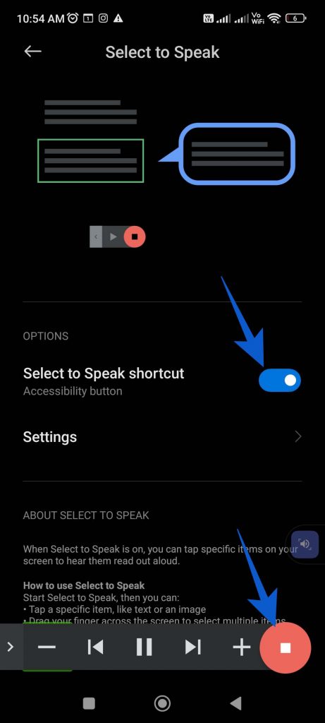 Select to speak shortcut